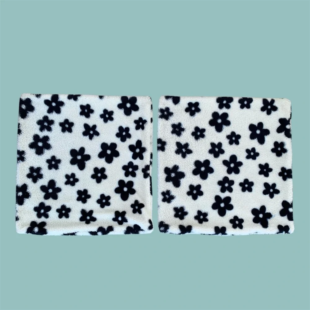 Fleece Black and White Floral Print Square Throw Pillowcases ~ Set of 2